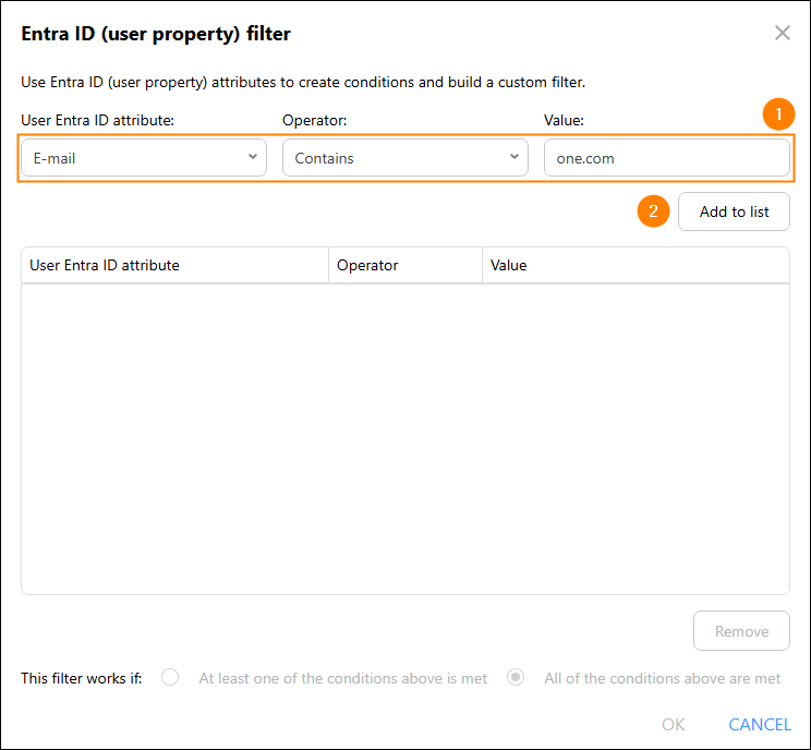 Configuring the Entra ID (user property) filter.
