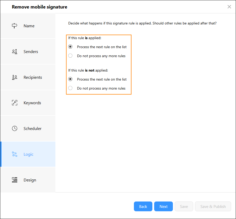 The new rule needs to allow the subsequent rules to be processed.