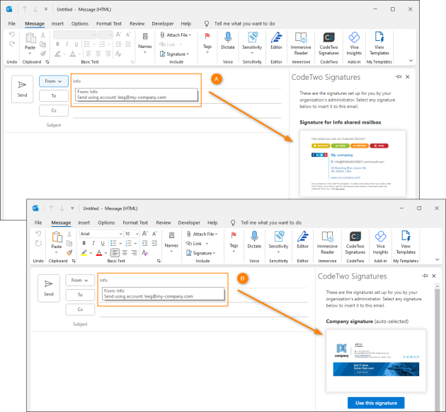 The add-in can show signatures set for either the account selected in the From field (A) or for the original sender only (B).