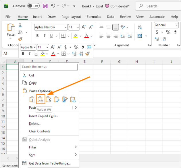This option pastes the copied values instead of the formulas that generated them.