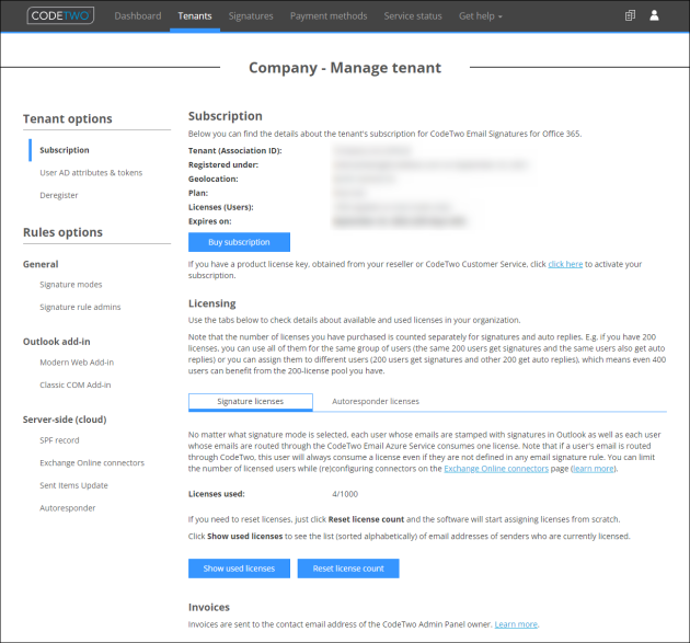 Tenant management screen in CodeTwo Admin Panel.
