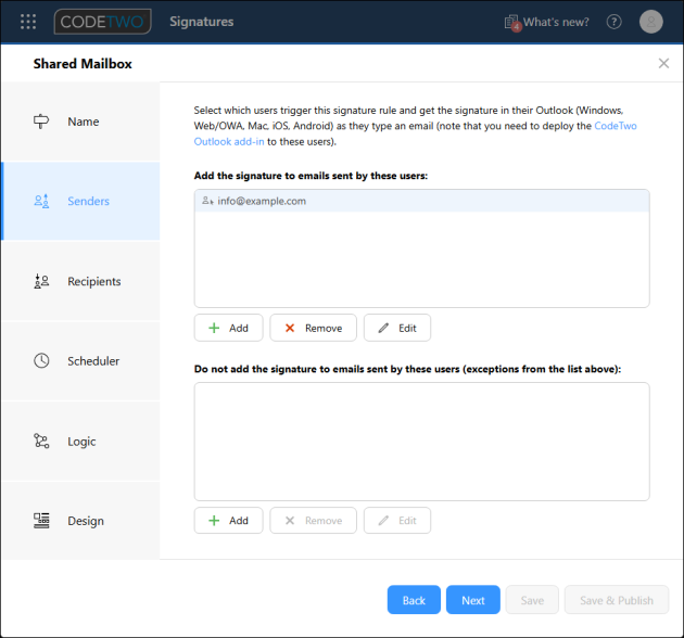 A shared mailbox added to the senders condition of your Outlook (client-side) signature rule.