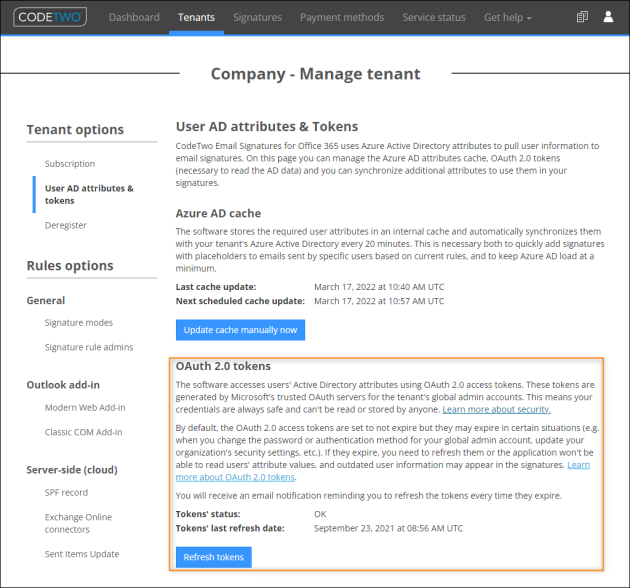The OAuth 2.0 tokens section.