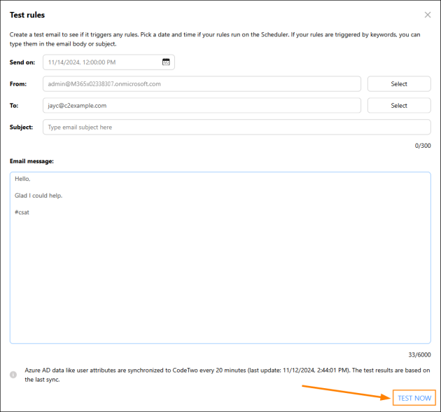 Creating a test email in the signature rules tester.