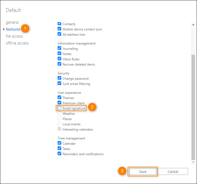 Disabling email signatures in OWA in the classic Exchange admin center.