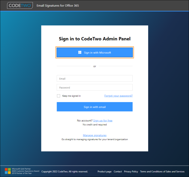Signing in to CodeTwo Admin Panel with a Microsoft account.