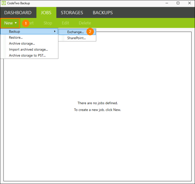 Creating a new Exchange backup job.