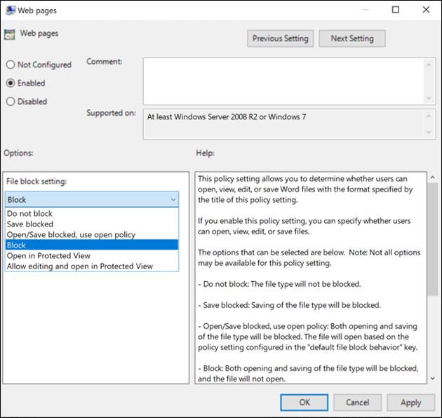 Web pages policy setting