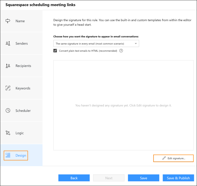 Inserting a meeting link to a signature template
