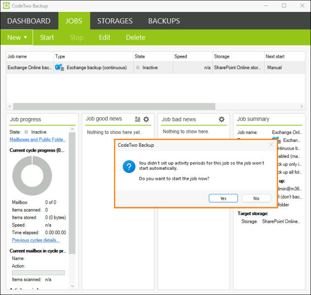 A pop-up asking to start the backup job automatically.