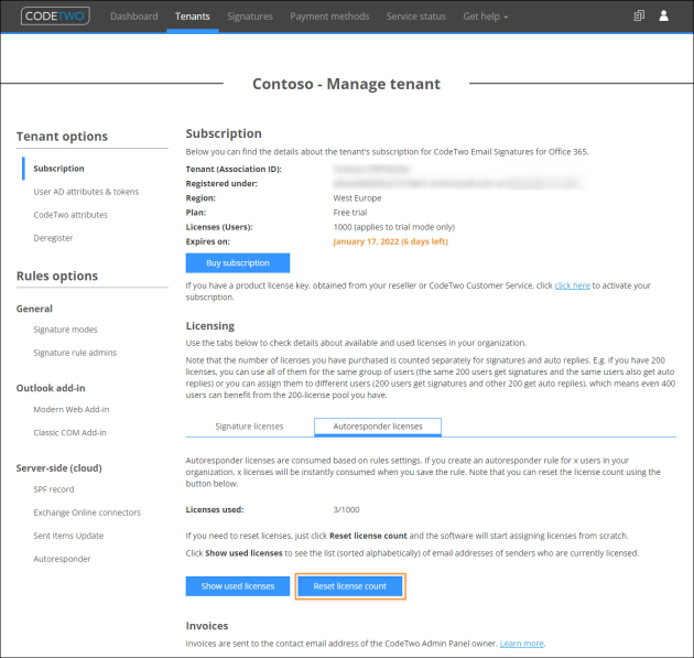 Restarting license assignment with the Reset license count button.