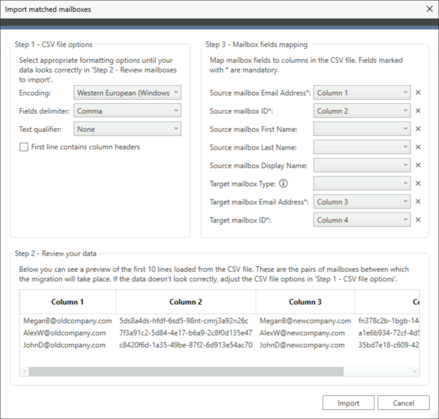 Correctly configured CSV file import settings.