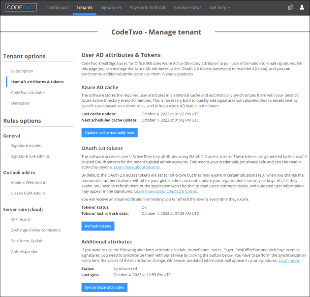 The User AD attributes & tokens page in CodeTwo Admin Panel.