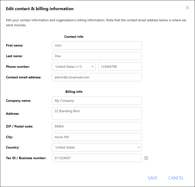 Editing contact info of the currently signed-in account.
