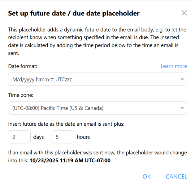 The Future date / due date placeholder configuration.