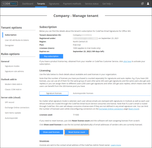Resetting signature license count to fix the problem of a double license assignment.
