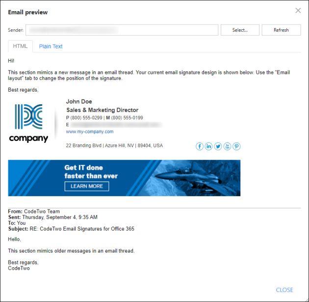 You can preview the signature for a specific user in your company.