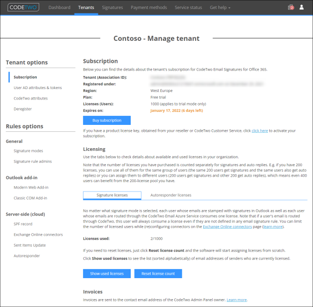 The subscription management page - trial version.