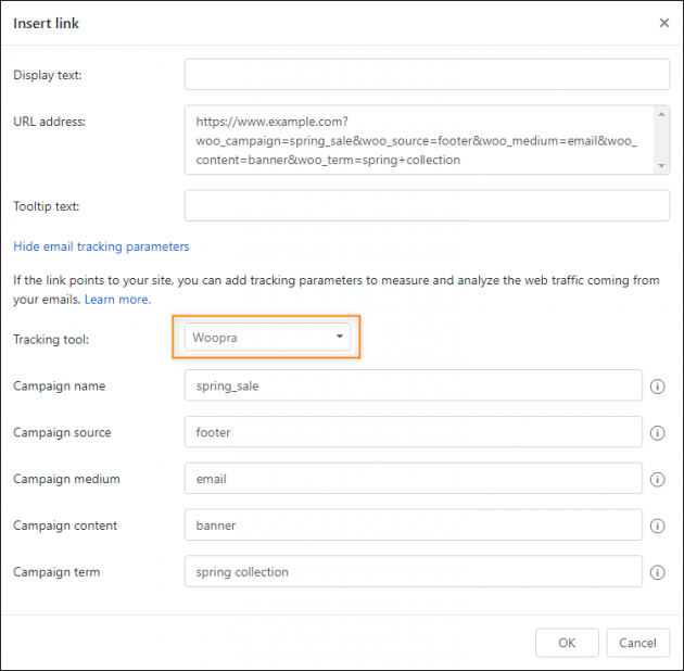 Inserting the email tracking parameters.