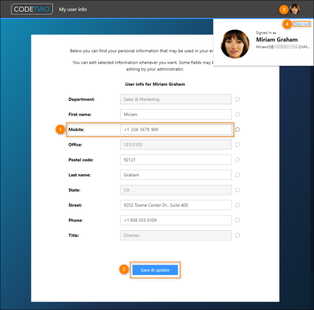User adds their mobile phone number on the My user info page.