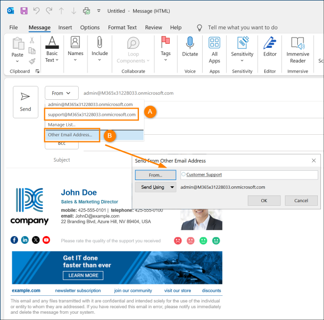 Sending an email from (A) or as / on behalf of (B) a shared mailbox.