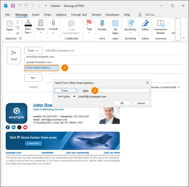 Sending an email as / on behalf of another mailbox – your personal signature will be added by default.