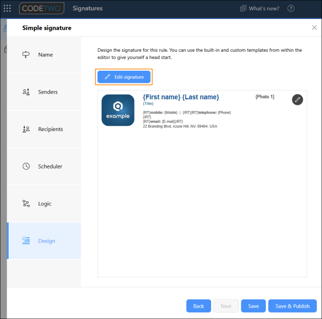 Editing an email signature template.