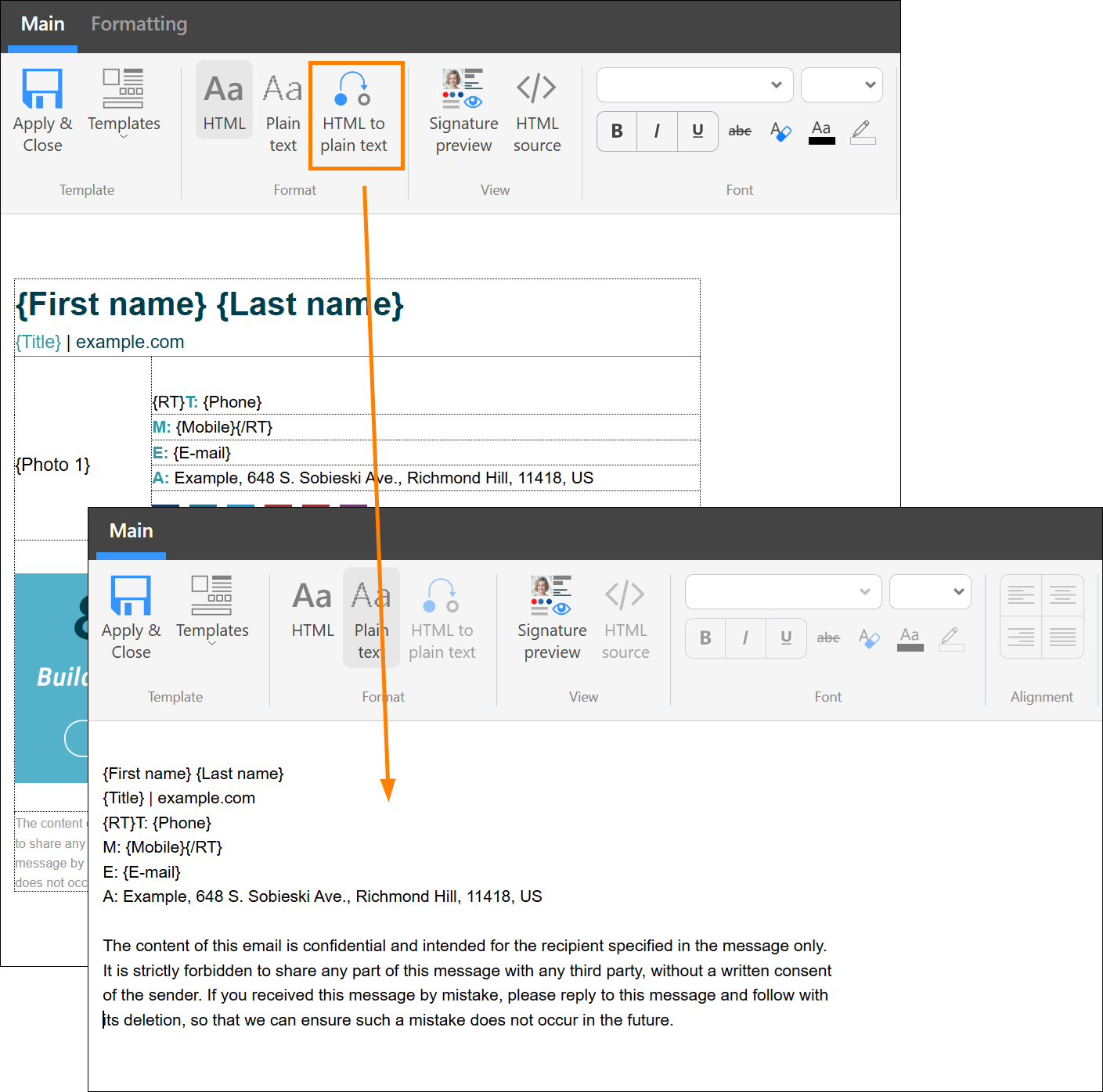 Converting an HTML signature to a plain text format.