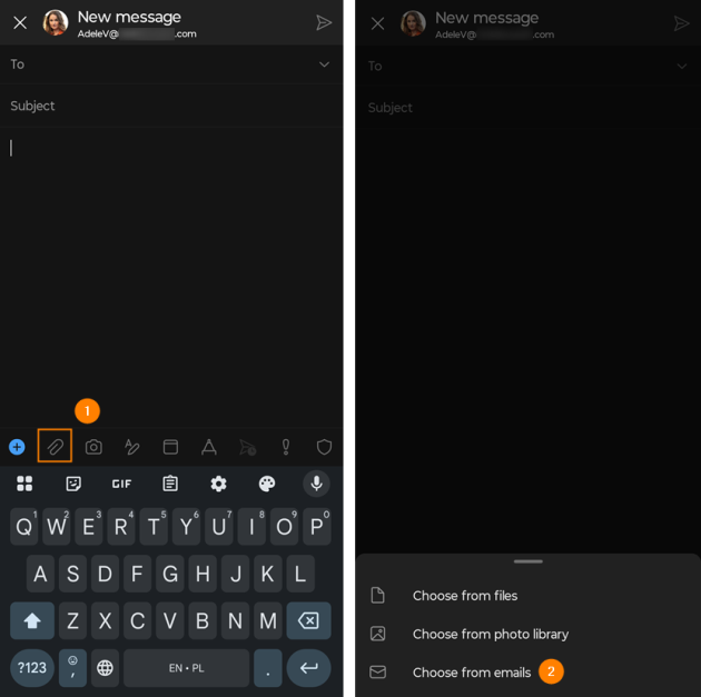 Attaching an email in Outlook for Android.