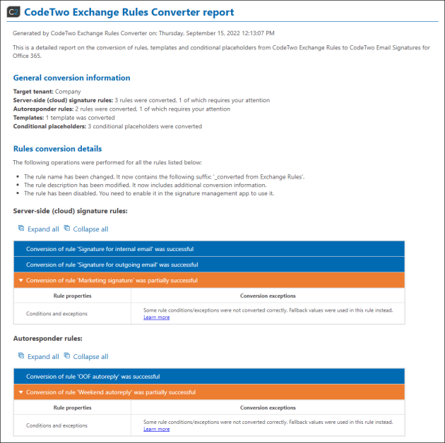 An example of a conversion report.