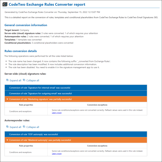 An example of a conversion report.