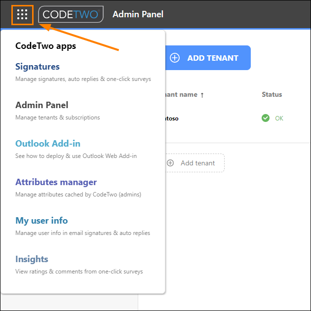 App launcher in CodeTwo Admin Panel.