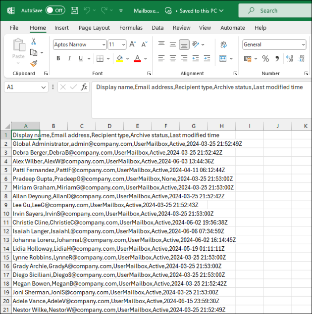 A CSV file with data stacked in the first column.