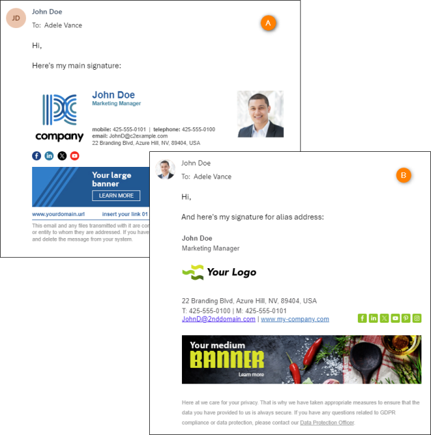 An email sent by the same user from the primary domain (A) and a secondary domain / alias (B).