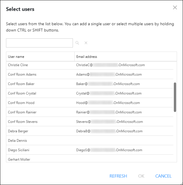 The user picker shows the primary email addresses (mailboxes) for all domains added to your tenant.