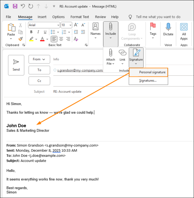 A personal email signature added to a message sent from a shared mailbox.