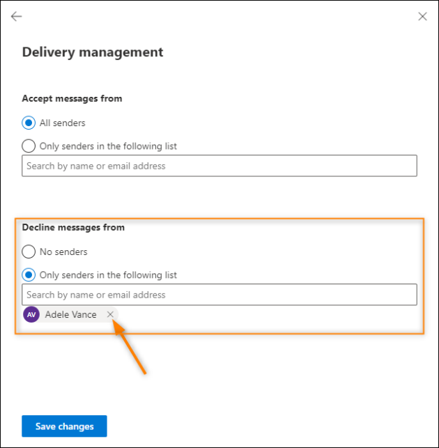 Removing a user from the list of the users whose emails are declined.