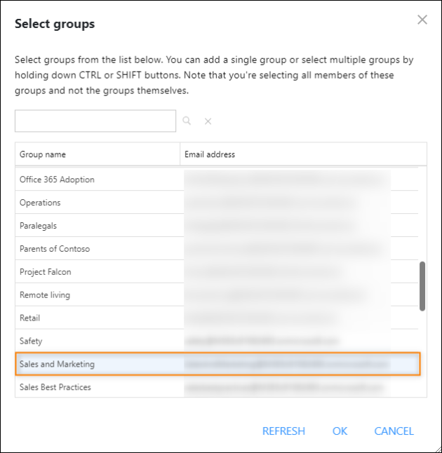 Selecting a group whose members will receive the email signature defined in this signature rule.