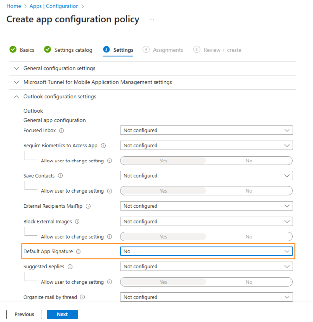 Modifying the Outlook configuration settings to disable the use of the default app signature.