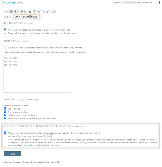 Managing MFA service settings for trusted devices.