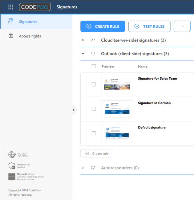 Be sure the names of your Outlook (client-side) signature rules are simple and descriptive.