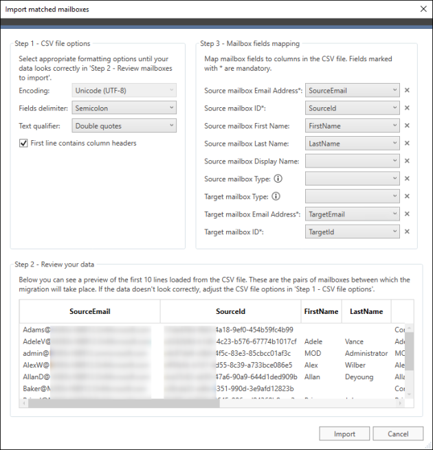 The Import matched mailboxes window is used to prepare the CSV file for import.