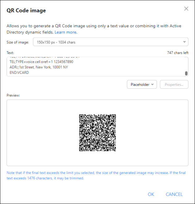 Sample QR Code generated after pasting the vCard file content.