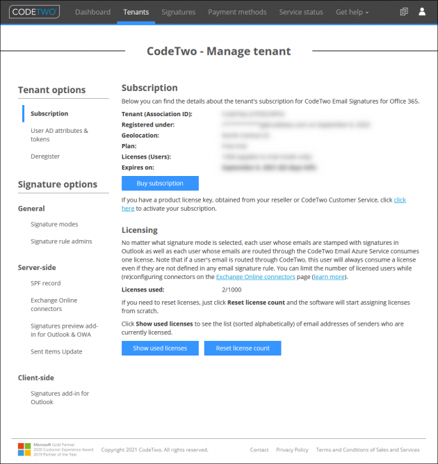 Tenant management screen in CodeTwo Admin Panel.