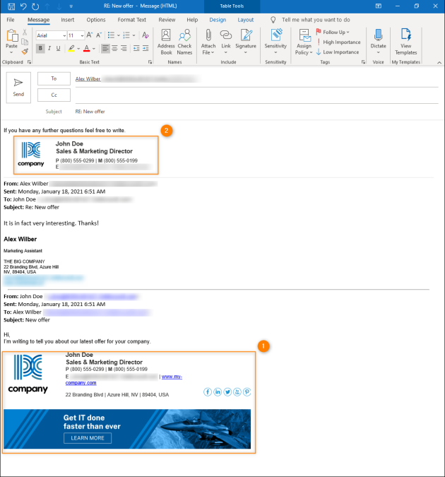 Different signatures in an email conversation in Outlook (client-side) mode.