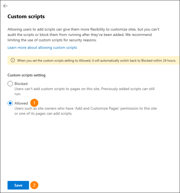 Allowing custom scripts in SharePoint site settings.