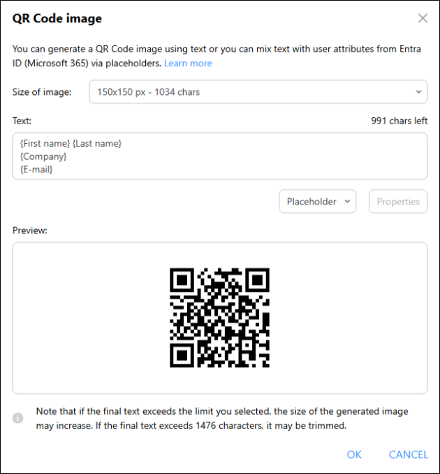 The QR Code image placeholder's configuration window.
