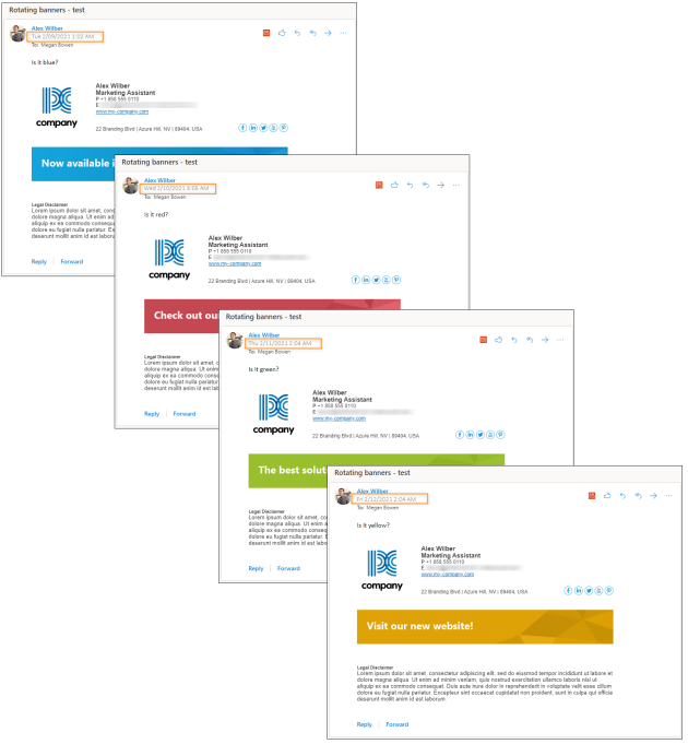 Signatures added to emails on different days.