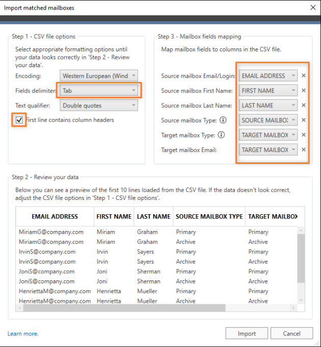 Formatting options used for a CSV file exported from the Exchange admin center.