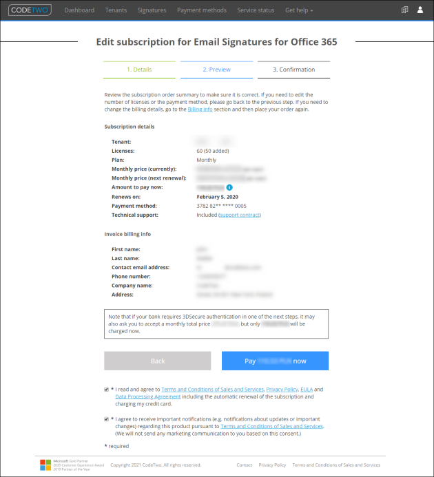 The Preview step shows how many licenses have been added or removed.